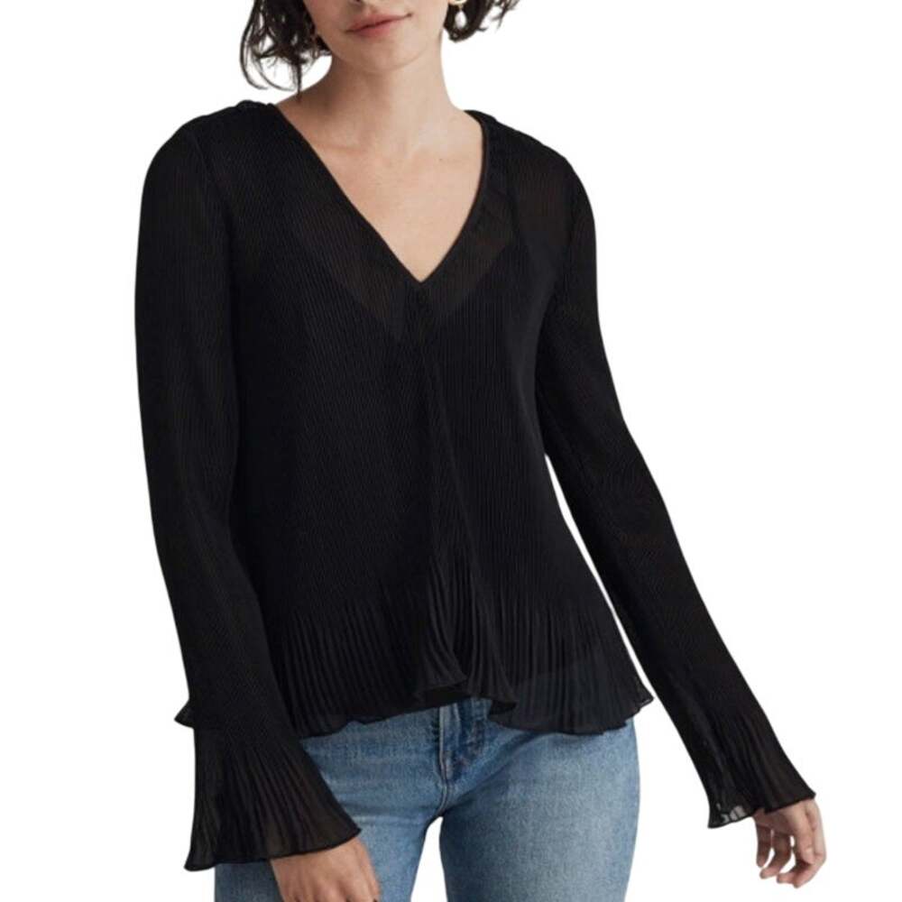 Madewell M Womens Sheer Pleated Flare Sleeve Top V Neck Chic Modern